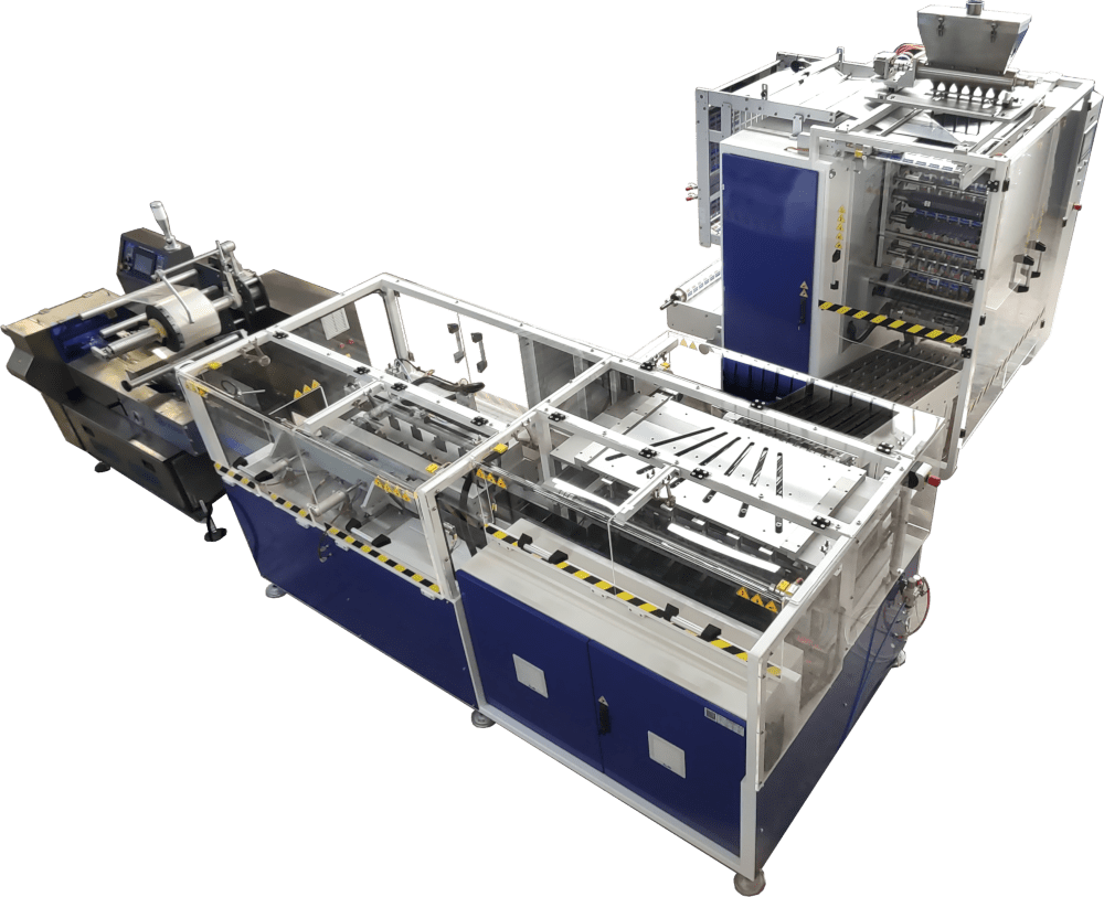 sachet packaging machine line with flow wrapper