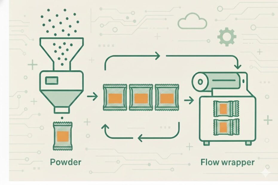 Powder packaging automation with sachets grouped and flow wrapped